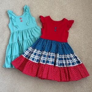 Pair of Eleanor Rose dresses, size 6-7 Teal polka dot Demi dress & Rhonda dress.